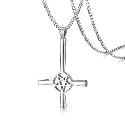 Religious Inverted Cross Pentacle Pentagram Star Pendant Necklace Satanic Silver • £7.78