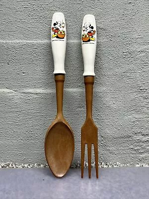 Vintage Disney Mickey Mouse Salad Fork Spoon Ceramic Wood Decor Cartoon Kitchen • $21.99