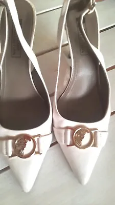 Versace White Shoes Mules Metal Logo Sz39 High Heels Us9 Uk6 • $69