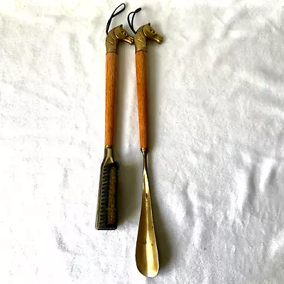 Brass Horse Head Shoe Horn & Lint Brush Set Vintage 15-17” Wood Handle • $49