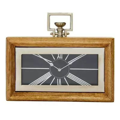 Litton Lane Table Clock Oak Brown/Silver Analog Mechanical Solidwood Glass Small • $84.85