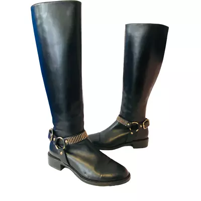 Via Spiga Women's Knee High Boots Black Leather Studded Cap Toe Side Zip 5.5 • $60.99