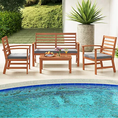 4 PCS Outdoor Furniture Set W/ Soft Seat Cushions Stable Acacia Wood Frame • $229.99