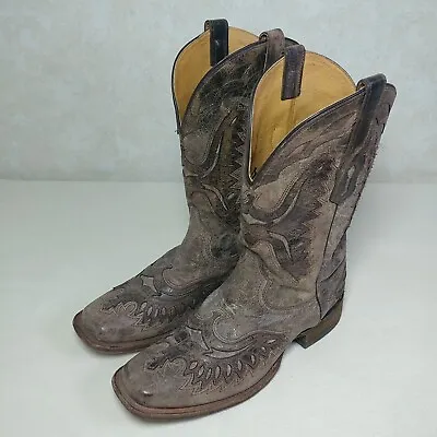 Corral Cayson Eagle Inlay Leather Cowboy Boots Brown Distressed Mens Size 9D • $99.99