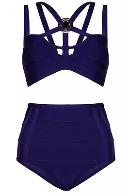 Forever Unique BLUE Rayon Bandage Harness Bra High Waist Bikini Swimsuit NEW S 8 • £45