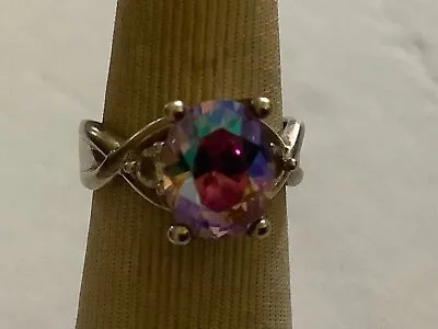 N V Sterling Silver Mystic Topaz Or Rainbow W/(2) Small CZ Stones Ring Size 5 • $19.99