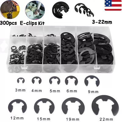 300pcs E-Clip Circlip Kit Retaining Ring Assortment Set 3mm - 22mm 9 Sizes Black • $19.89