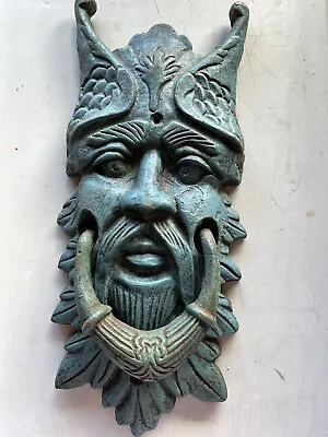$140 • Buy Celtic Viking Horned Mythical Man Face Door Knocker Cast Iron Green 20” 11lbs