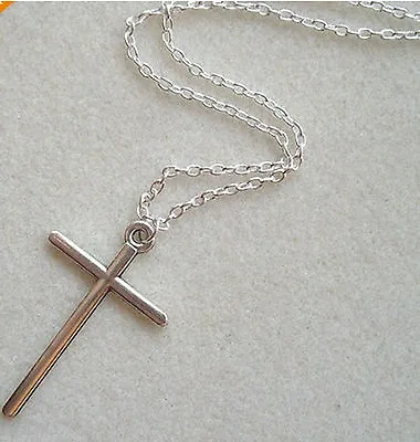 Cross Necklace Simple Crucifix Skinny Pendant Silver Chain Long Mens Ladies New • £5.99