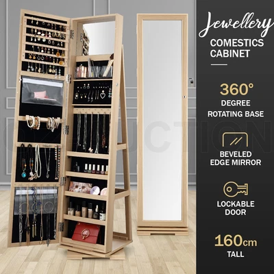 $209.95 • Buy Oak Rotatable Mirror Jewellery Cabinet Makeup Freestanding Jewellery Organiser