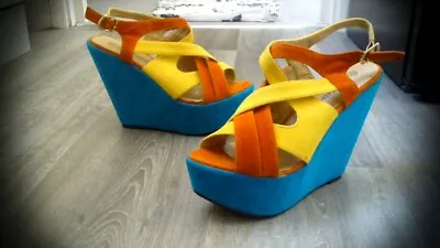 Ladies Size 5 Suede Wedge Shoes. Aqua Red & Yellow (Salt & Pepper Worn Once) • £23.95