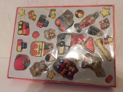 Box Of 27 Wooden Miniature Christmas Tree Ornaments • $5