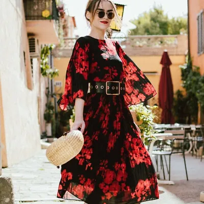 H&M TREND Chiffon Black Red Floral Poppy Pleated Midi Dress Size 8 10 EU 36 US 6 • $34.85