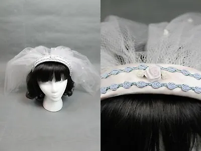 Vintage Flower Girl Veil Off White Satin Headband Blue Trim 2 Tier Tulle Netting • $22.49