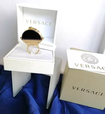 Authentic VERSACE Onyx & Gold Plate Greek Key Design & Medusa Head Ring W Box 7 • $226.01