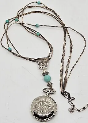 Vintage Sterling Silver & Turquoise Necklace W/Full Hunter Pendant Pocket Watch • $74.99