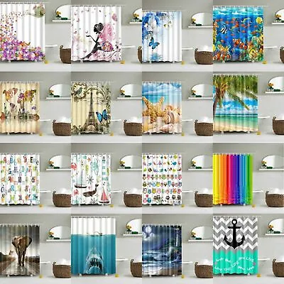 Waterproof Polyester Fabric Bathroom Shower Curtain Sheer Panel Decor 12 Hooks • £14.99