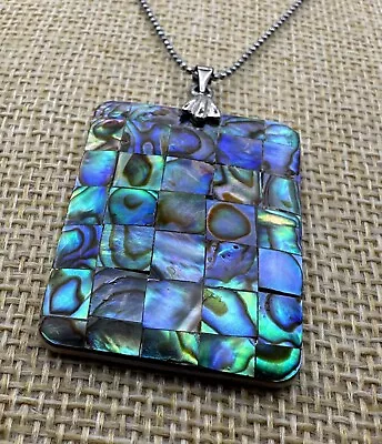 Abalone Shell Geometric Inlayed Pendant Necklace With Silver Tone Chain 18KGP MA • $14.95