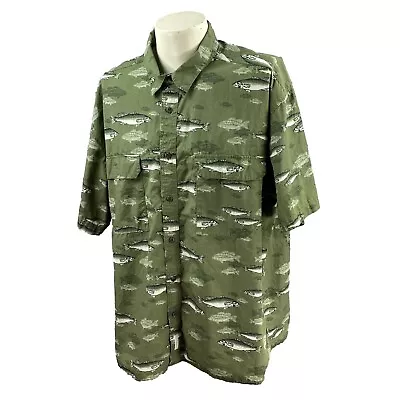 Cabela's Men's Vented Short Sleeve 100% Cotton Green Fish Print Shirt 2XL • $10.50