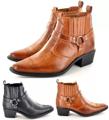 Mens Cowboy Pointed Toe  Western Boots Ankle Riding Biker Slip On Heels Shoes • £24.95