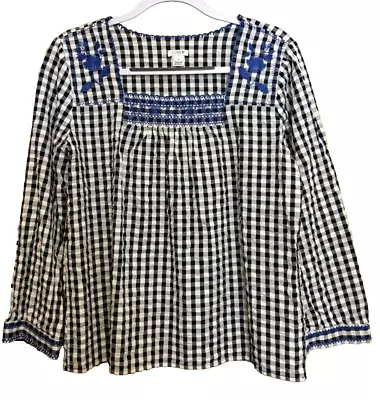 J Crew Womens Shirt Top M Blue White Check Embroidered Popover Cotton Casual • $9.99