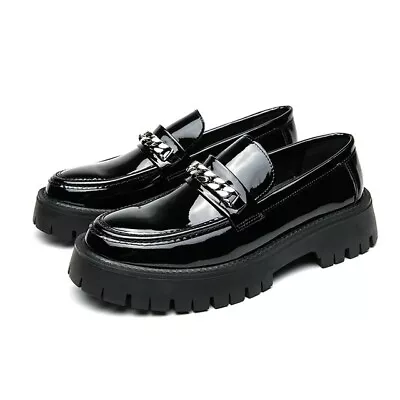 STRONGSHEN Men Leather Casual Handmade Shoes Platform Loafers Slip-on High... • £10