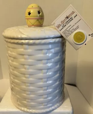 EASTER White Basket Weave Ceramic Cookie Jar W/LED Yellow Egg Mr. Cottontail NEW • $23.80