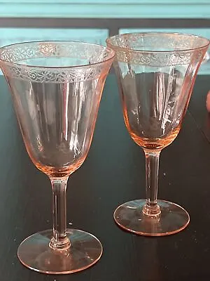 Pair Pink Crystal Wine Glasses Depression Glass Vintage • $26.99