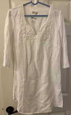 Malvin Hamburg Germany I LOVE LINEN Crochet Neckline White Linen Dress Sz M/8 • $25