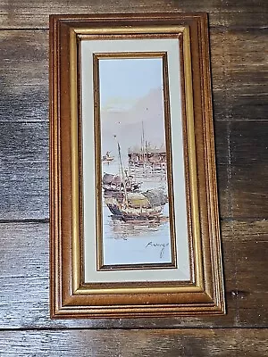 Ocean Sunset Boat Oil Painting Wood Frame 9x17 Fishing  P.wong • $50