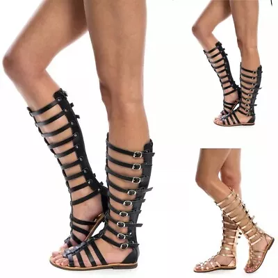 Women's Roman Knee High Cut Out Flat Open Toe Gladiator Summer Sandals Shoes • $48.95