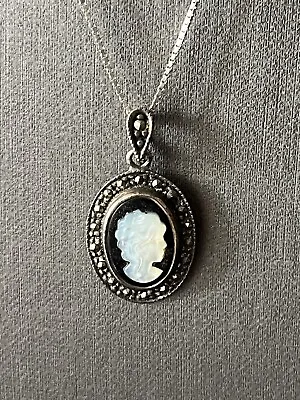 Vintage Sterling Silver Marcasite Cameo Necklace 18  • $34.95