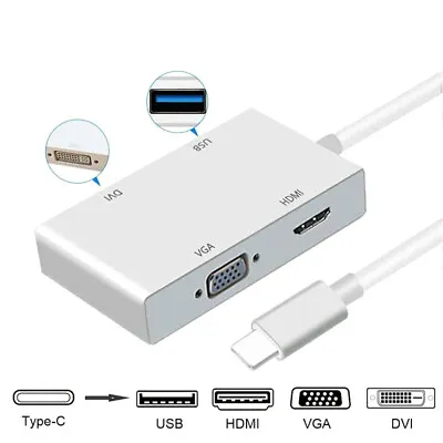 4 In 1 USB-C Type-C To 4K HDMI VGA DVI Converter USB 3.0 Port Hub Adapter Cable • $18.75