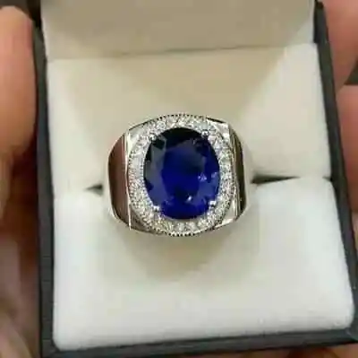 5Ct Oval Cut Lab-Created Blue Sapphire Halo Men's Ring 14K White Gold Plated • $137