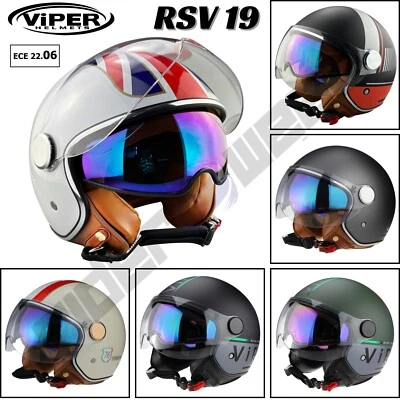 Casco Moto Aperto Viper RS-V06 Star - Jet Vintage, Visiera Parasole Interna - Opaco Verde Stella - Taglia XS