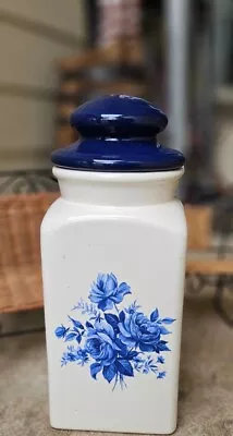 1970s Kitchen Canister Cookie Jar Or Flour Canister White And Blue Ceramic Large • $40.50