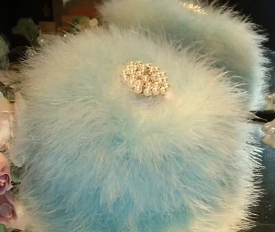 Dusting Body Powder Puff ~ White Faux Fur Trimmed In Blue Marabou Pearl Handle • $34.95