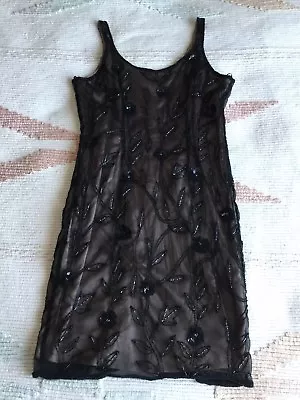 YVE LONDON Sheer Black Nude Lined Bead Sequin Dress Size 12 Evening Party Cruise • £12