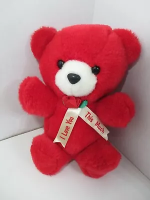 Vintage Red Plush Teddy Bear I Love You This Much Ribbon Flower Valentine’s Day • $7.49