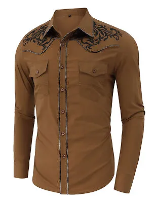 Men's Western Cowboy Shirt Long Sleeve Embroidered Slim Casual Button Shirts US • $21.38