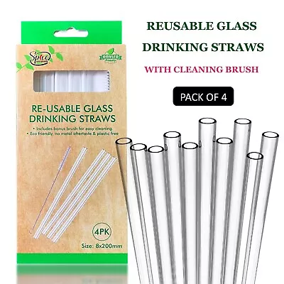 $8.95 • Buy 4PK Reusable Clear Glass Drinking Straws Party Straw Cleaning Brush Eco Friendly