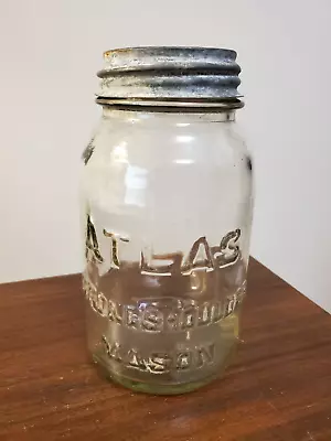 Vintage Clear ATLAS STRONG SHOULDER MASON JAR Quart Jar With Zinc Lid • $8