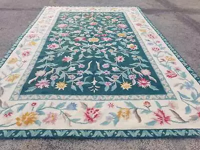 Vintage French Needle Point Handmade Floral Beige Wool Rug Carpet 162x100cm • £230