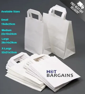 White Paper Bags With Handles Takeaway Food Bags SOS Party & Shopping S/M/L/XL • £2.99