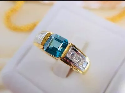 2.15ct Natural Blue Topaz & Diamond 14k Real Yellow Gold Men's Ring • $1265.99
