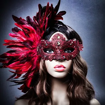 Red Side Feather Venice Carnival Masquerade Venetian Mardi Gras Women Eye Mask • $24.90