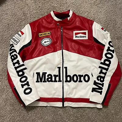 Leather Marlboro Jacket XL Vintage Style Nascar Full Zip Embroidered Biker • $159.99