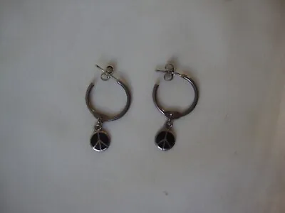 Vintage Small 'c' Hoop W/dangle Black Enamel Peace Sign Silver 925 Stud Earrings • $14.99