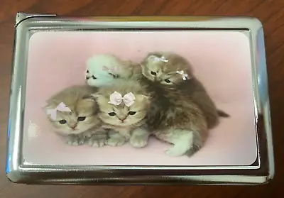 Kittens In Bows 100's Size Cigarette Case With Lighter Metal Wallet • $21.95