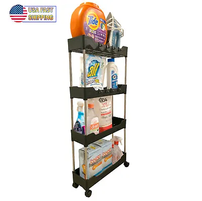 Slim Storage Cart Rolling Narrow Slide Out Shelving Utility Laundry Cart 4 Tier • $21.95